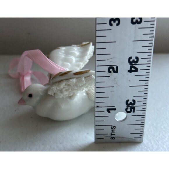 Irish Dresden Porcelain Dove Ornament With Pink Ribbon & Lace Detailing - Picture 10 of 10